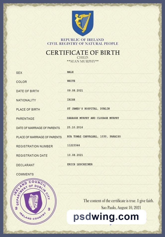 Ireland Vital Record Birth Certificate PSD Template